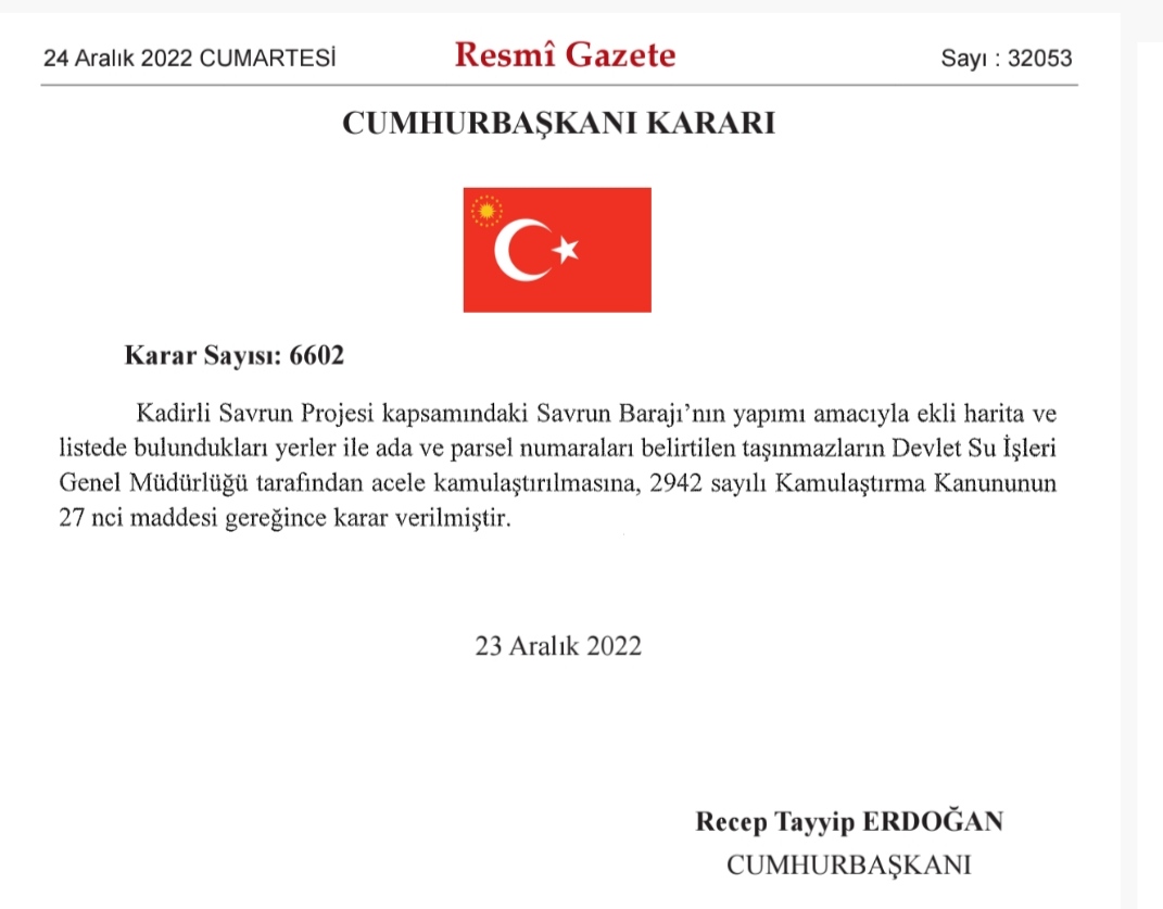 SAVRUN BARAJI RESMİ GAZETEDE